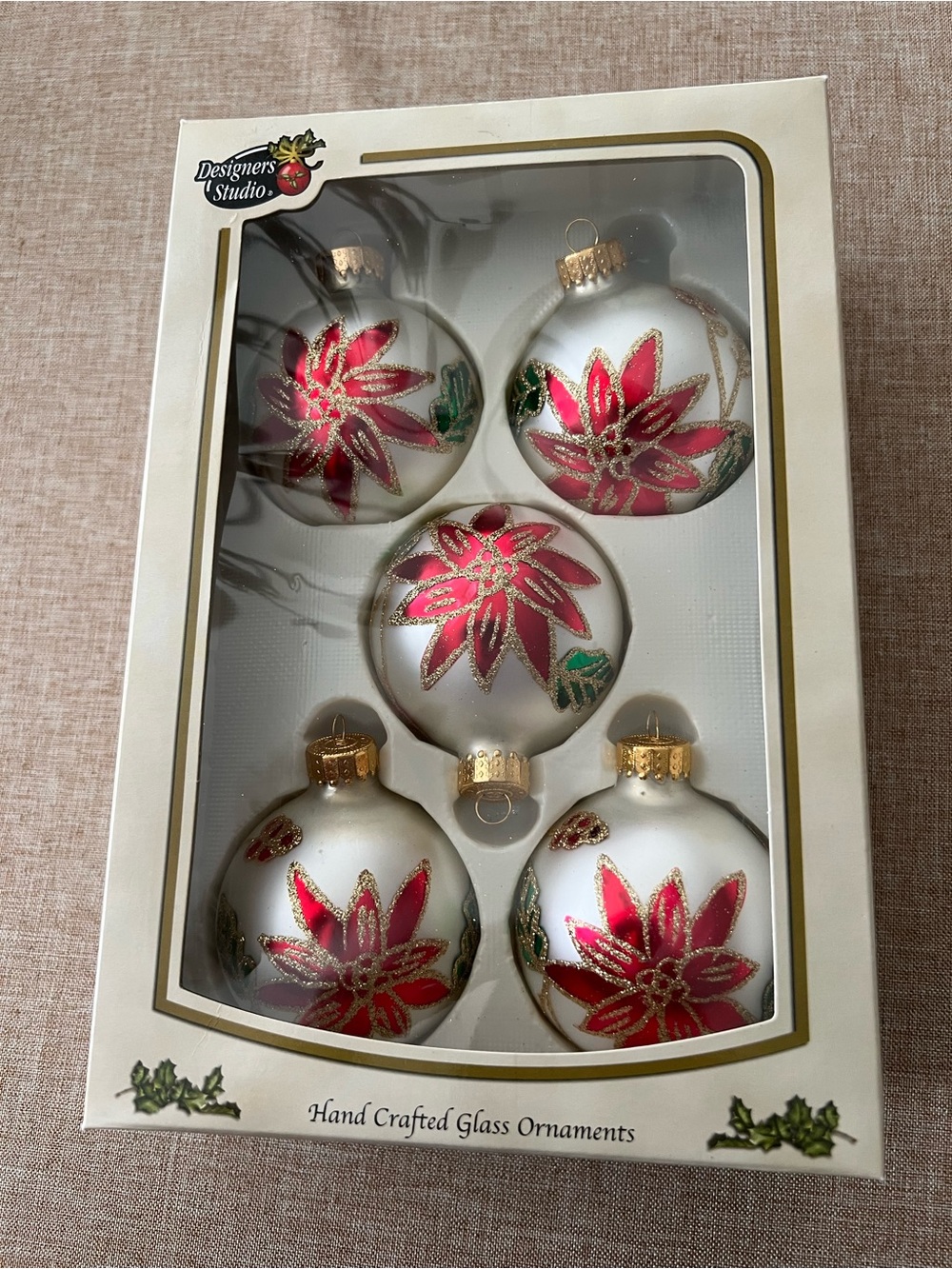 Designers Studio box of five glass vintage poinsettia pattern ornaments